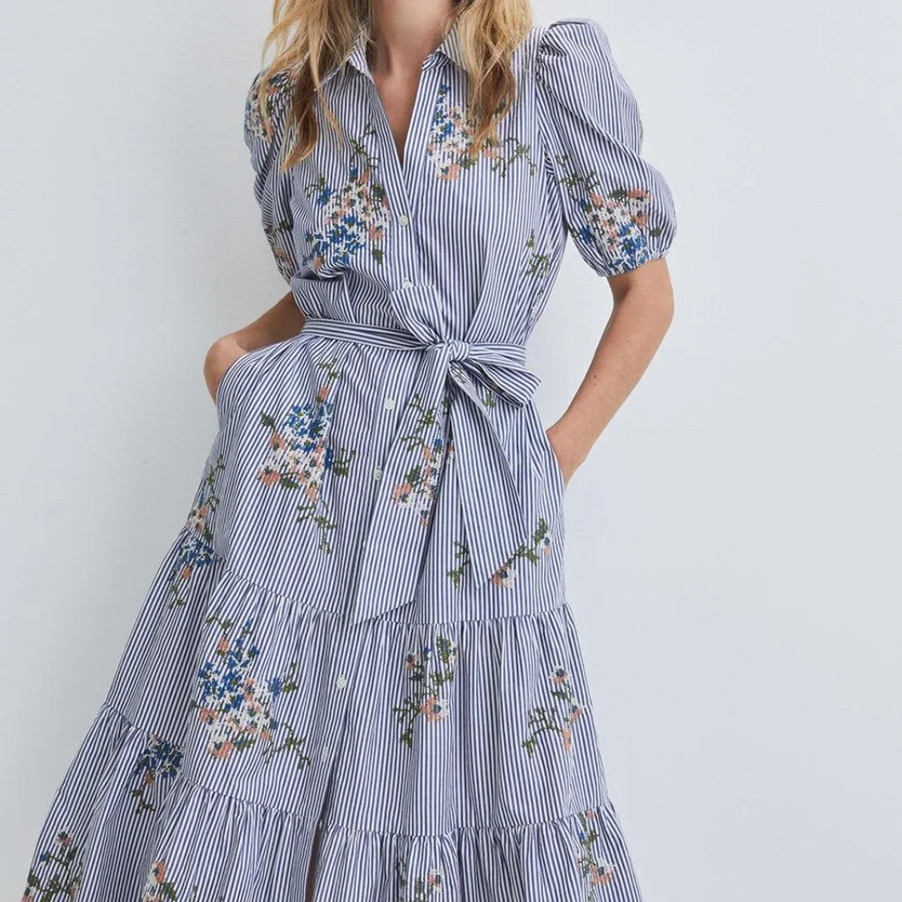 Veronica Beard Blue & White Striped Floral Tie-Waist Midi Dress - Picture 1 of 3